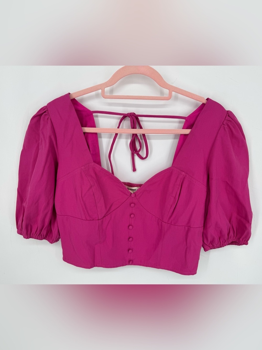 eesome Barbiecore Hot Pink Puff Sleeve Smocked Back Corset Crop Top Medium NWT